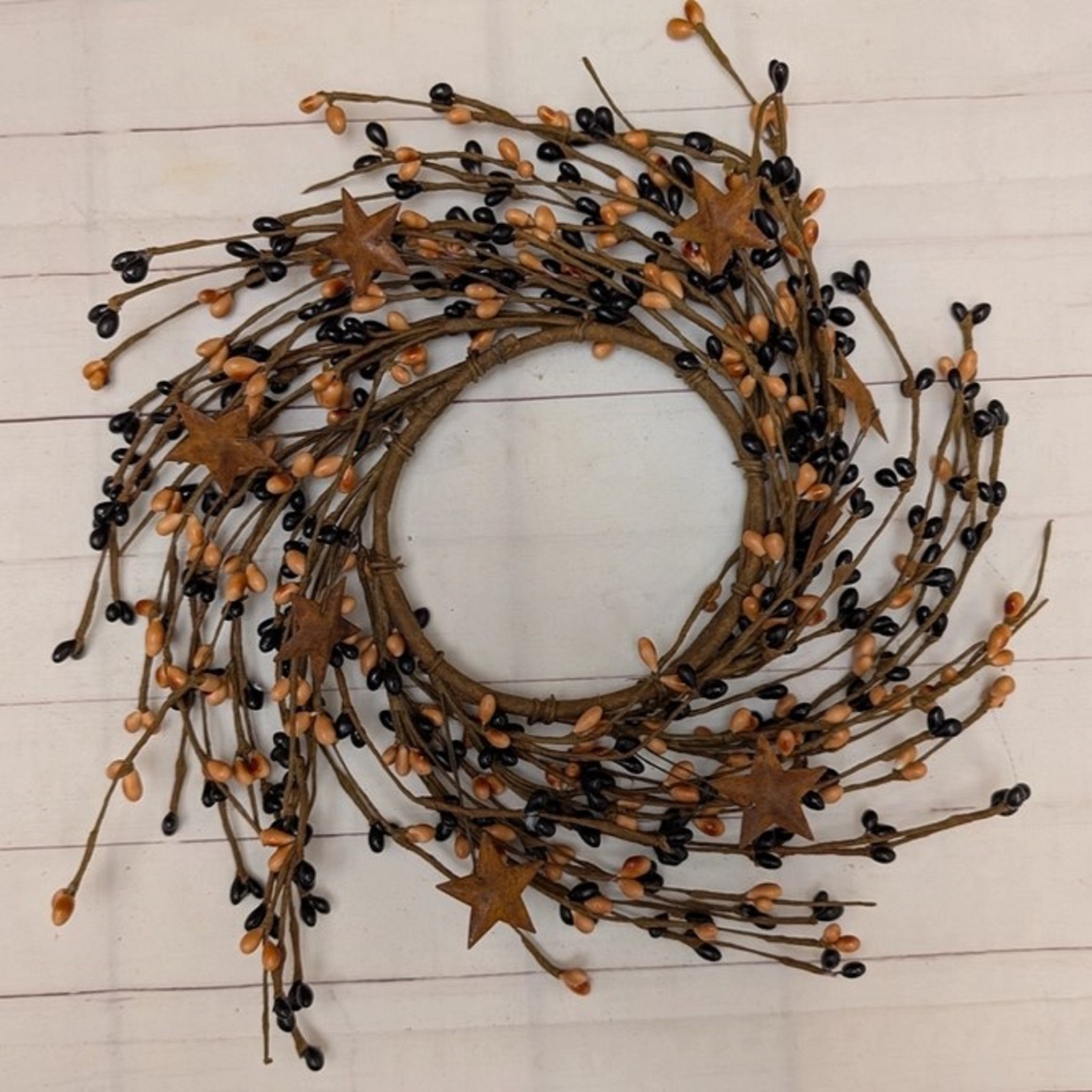 Country Primitive 4.5″ Pip Berry Candle Ring Wreath with Stars Black and Tan