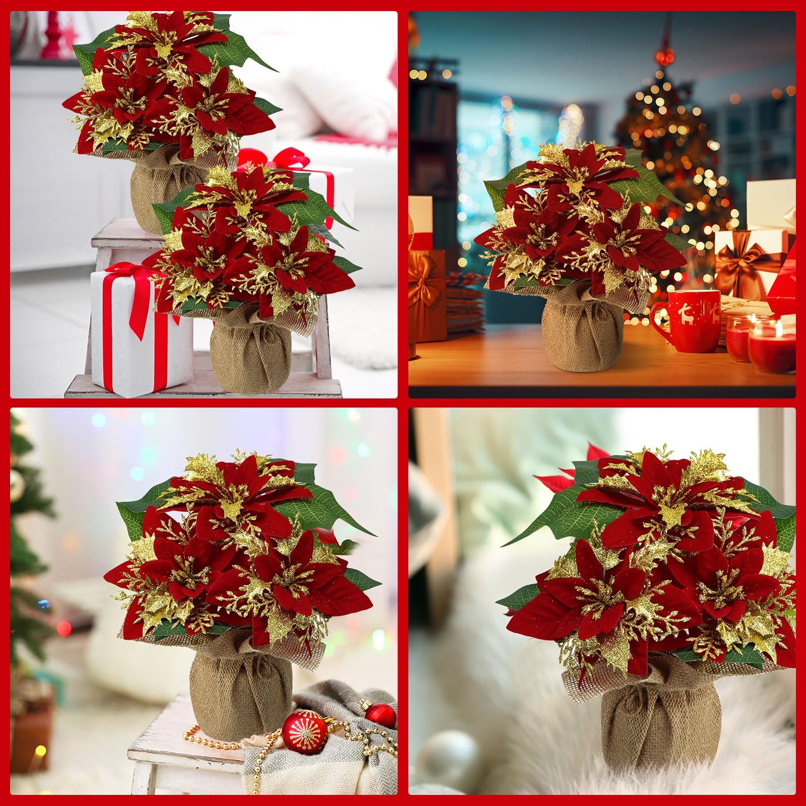 4 PCS 9 Inch Mini Artificial Poinsettias In Pots Faux Red Glitter Plants Xmas