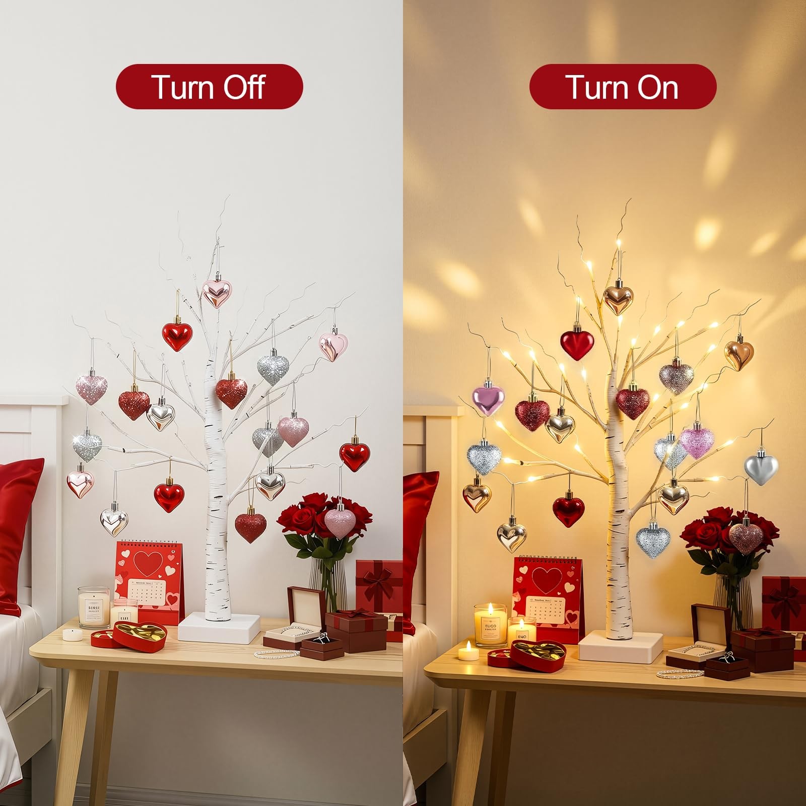 Valentines Day Decorations – 2 FT Birch Tree with 24 LED Warm Light 18 Heart …
