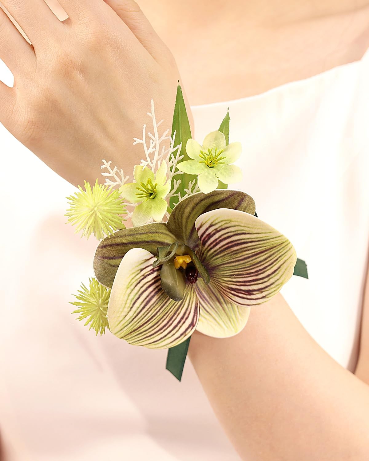 Wedding Bridal Prom Artificial Moth Orchid Ribbon Wristlet Corsage Green