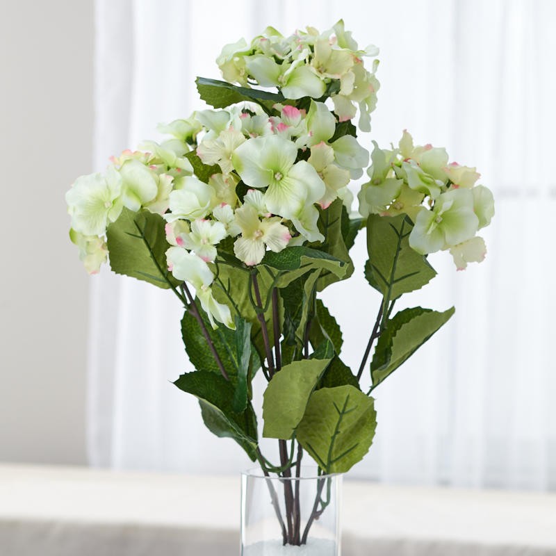 Factory Direct Craft Cream and Green Poly Silk Hydrangea Floral Bush