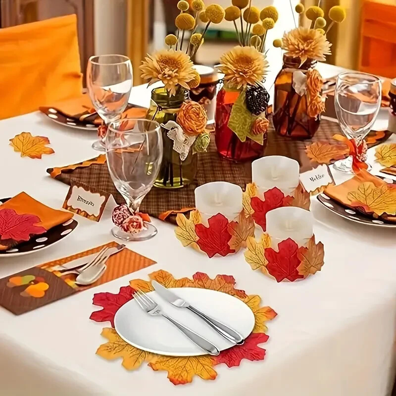 100 Vibrant Artificial Fall Maple Leaves, Thanksgiving, Home, Outdoor Decor