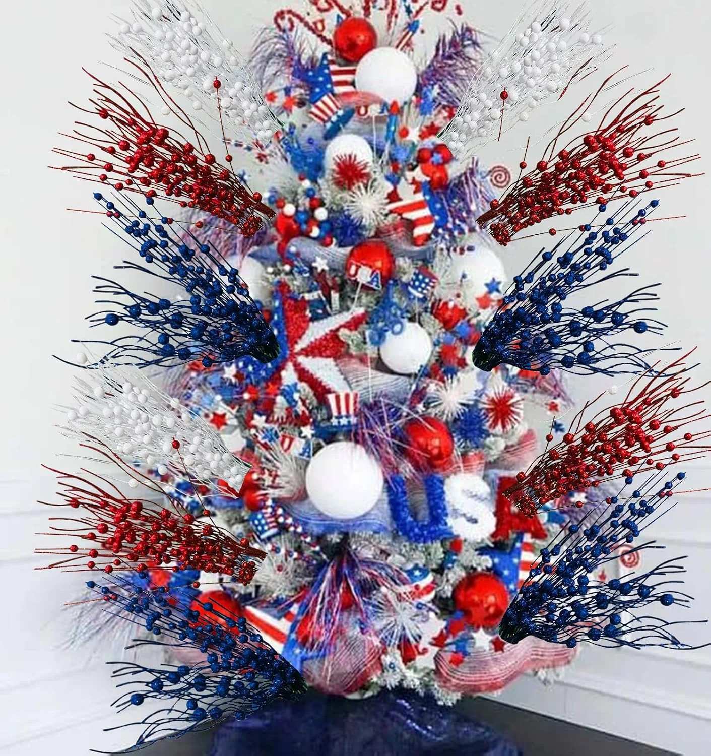 12 Pcs Artificial Patriotic Berry Stem Picks 4th of July White Blue Red Star Pic