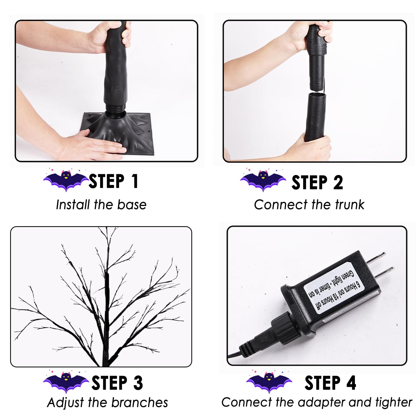 2-Pack 4FT Lighted Black Halloween Tree with 96 LED Orange & Purple Lights (H…