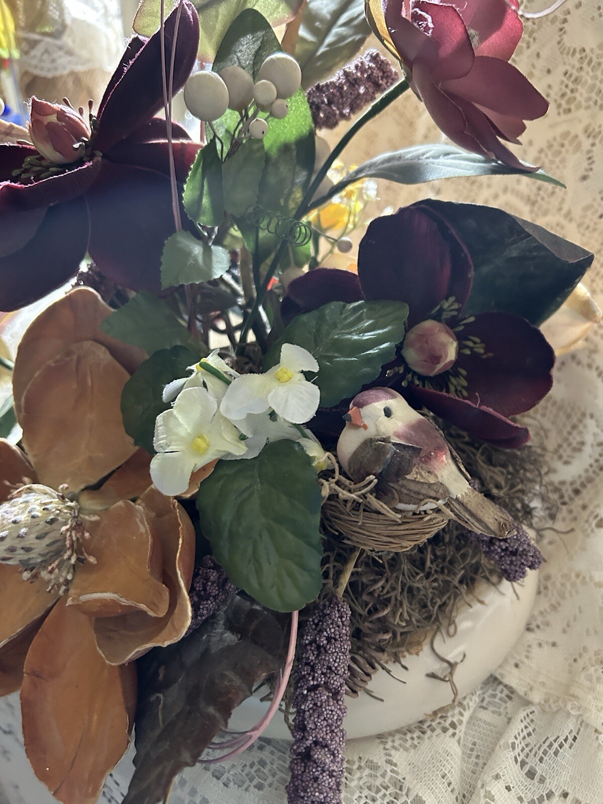 Exotic Artificial Floral Arrangement In A Porcelain Dish Made In Portugal