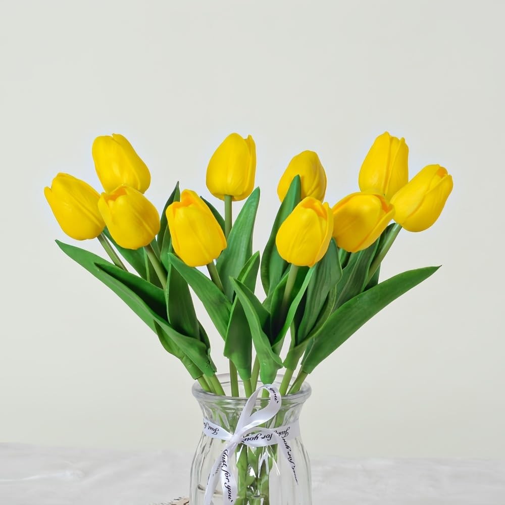 10 PCS Yellow Artificial Tulips Real Touch Latex Fake Flowers Wedding Bouquet