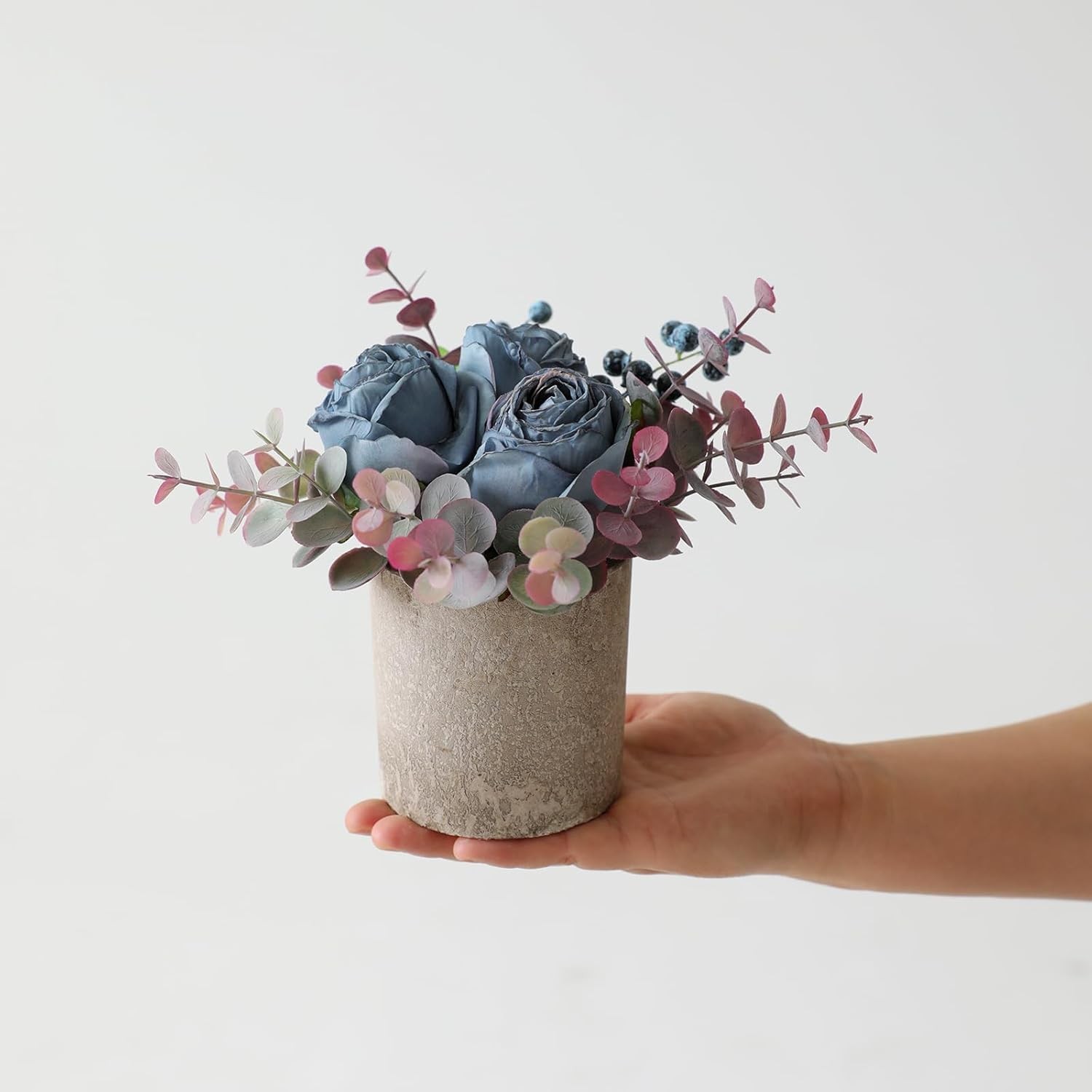 Small Artificial 2pcs Burnt Blue Rose Potted Plant, 6″ Fake Silk Flowers in 3…
