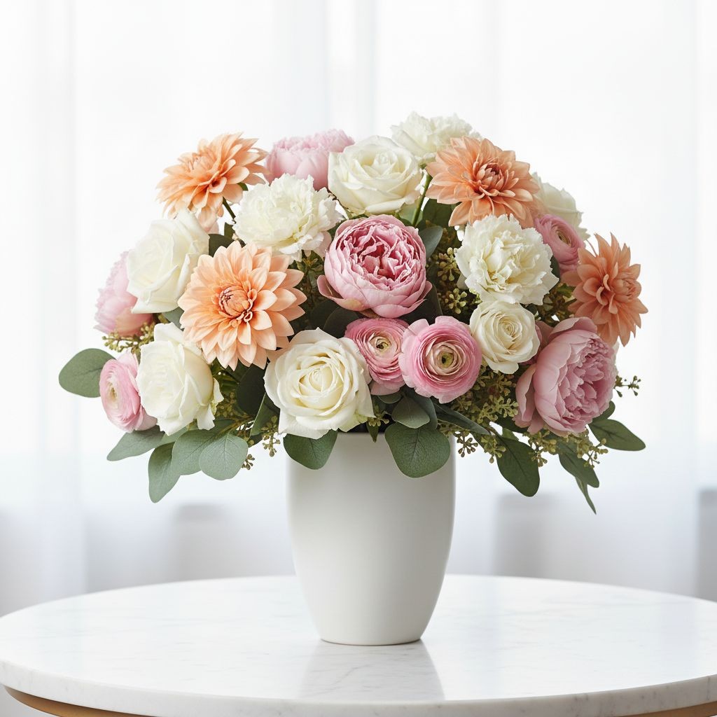 Peach Dahlia Stem Faux Flower 24 Inch 5 Inch Bloom Soft Peach Artificial Dahlia