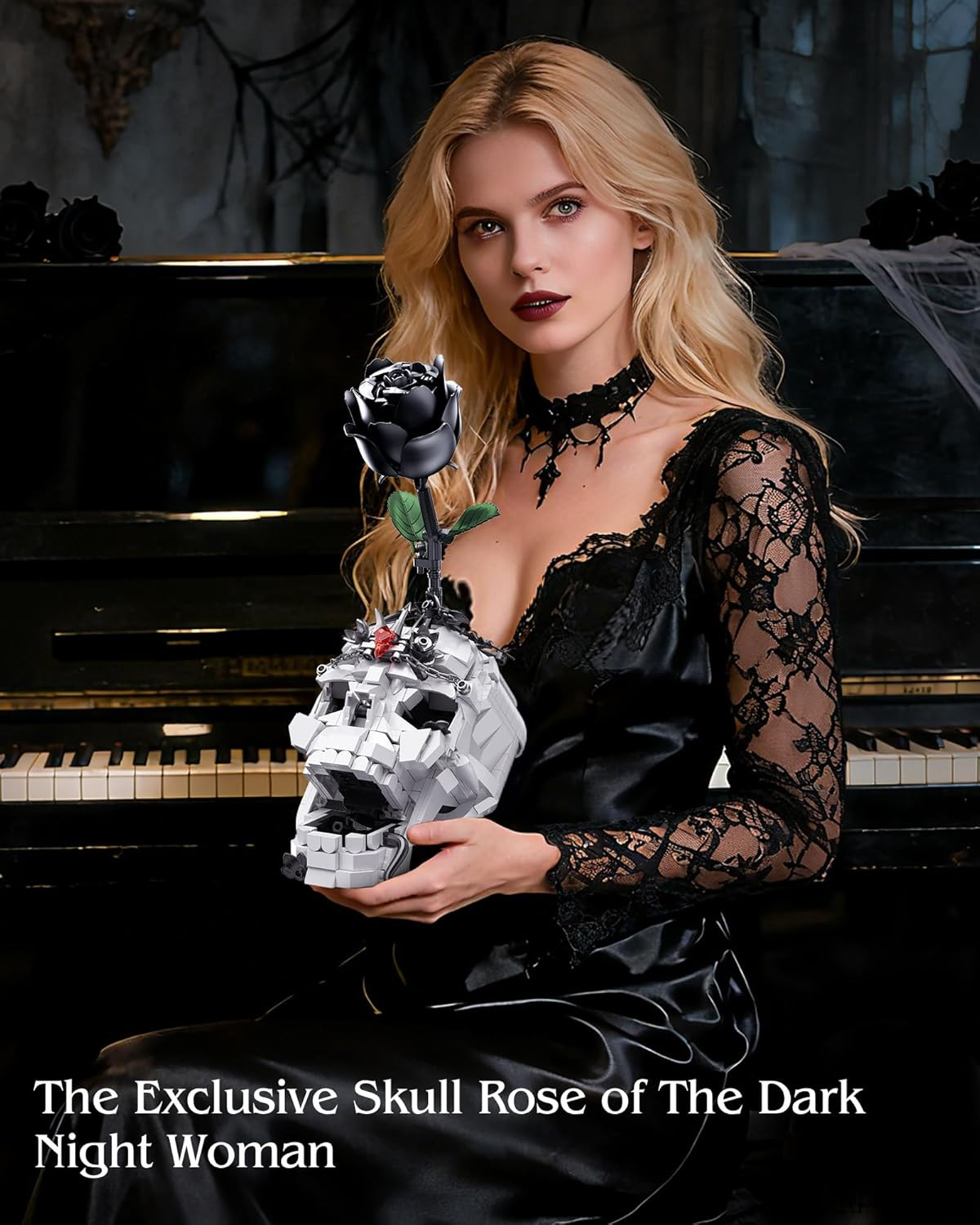 Skull Black Rose Flower Building Set, 3 in 1 Gothic Horror Decor Botanical Artif
