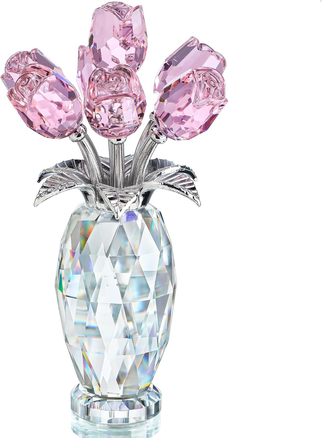 Pink Crystal Rose Bouquet Figurine,Handmade Rose Flower Gifts for Mom Gifts
