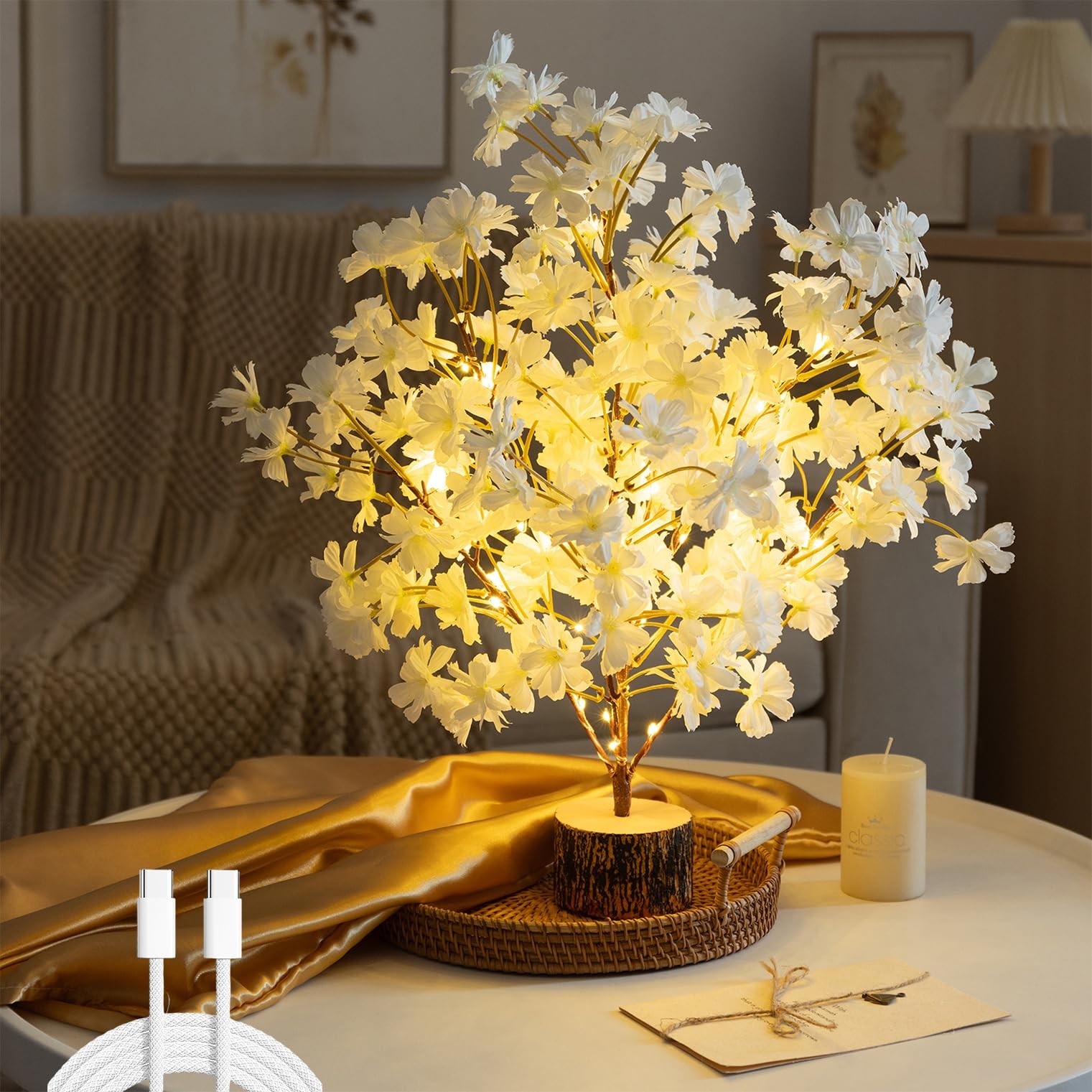 19” Light up Cherry Blossm Tree,Led Flower Tree Lamp with Timer, Artificial …
