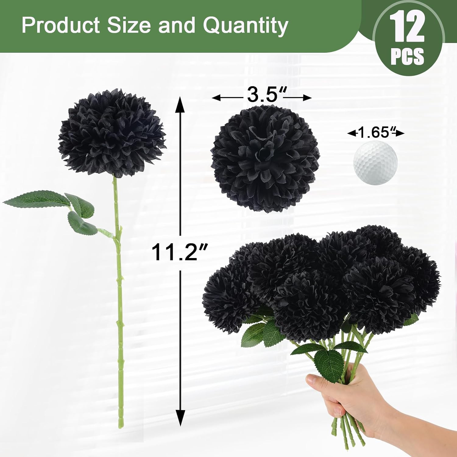 12 Pcs Artificial Chrysanthemums Flowers Ball Flower, Fake Mums Flowers Black Si