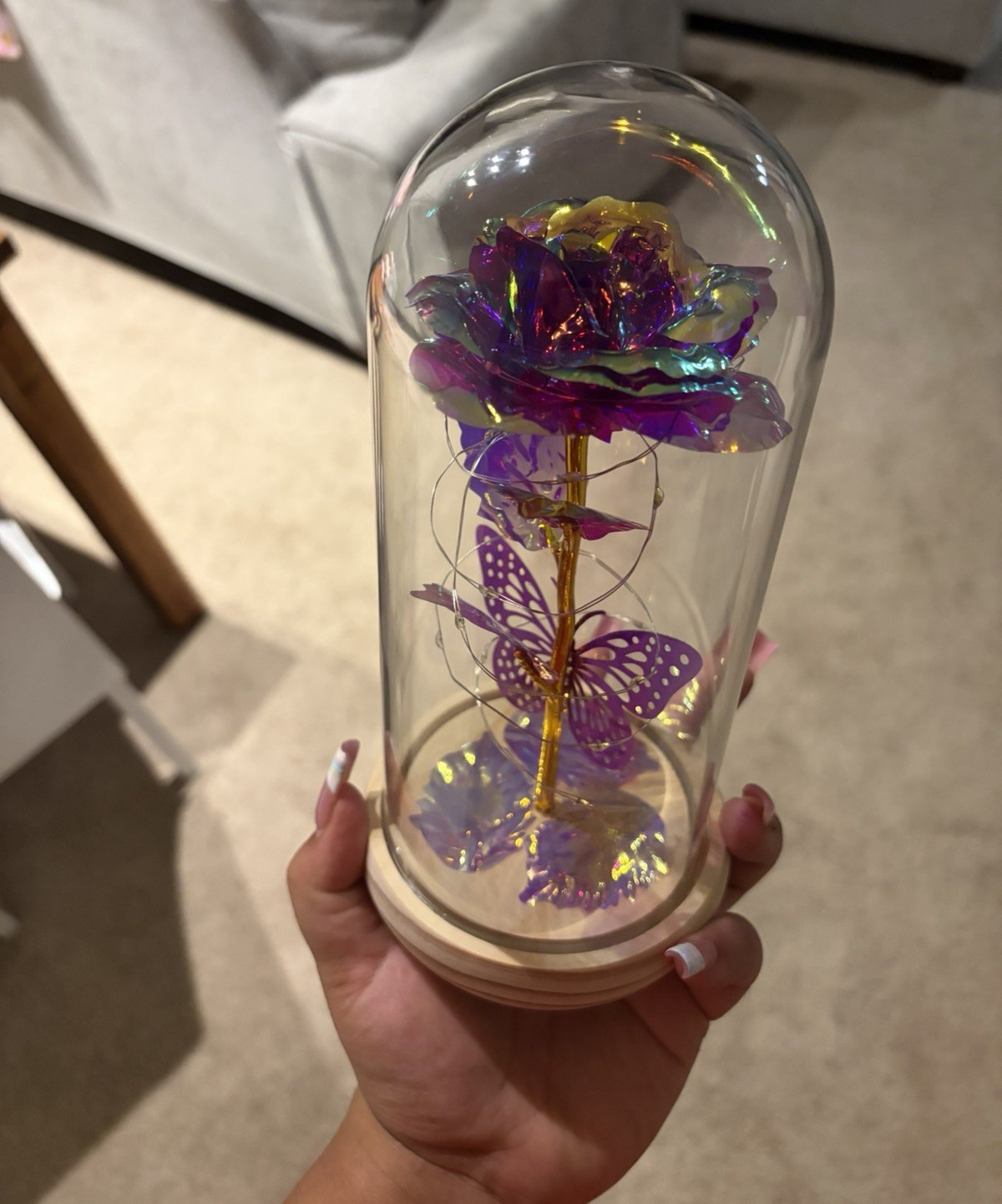 LED Light Up Artificial Purple Rose & Butterfly Glass Dome Cloche Wood Base