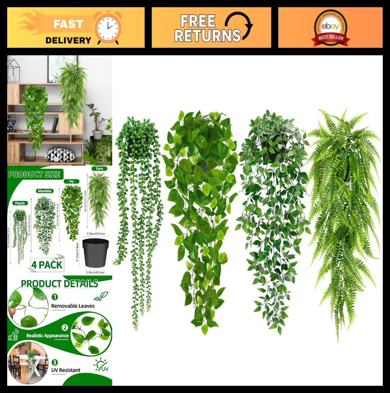 4 Pack Artificial Hanging Plants – Faux Greenery, Mandala Vine, String of Pearls