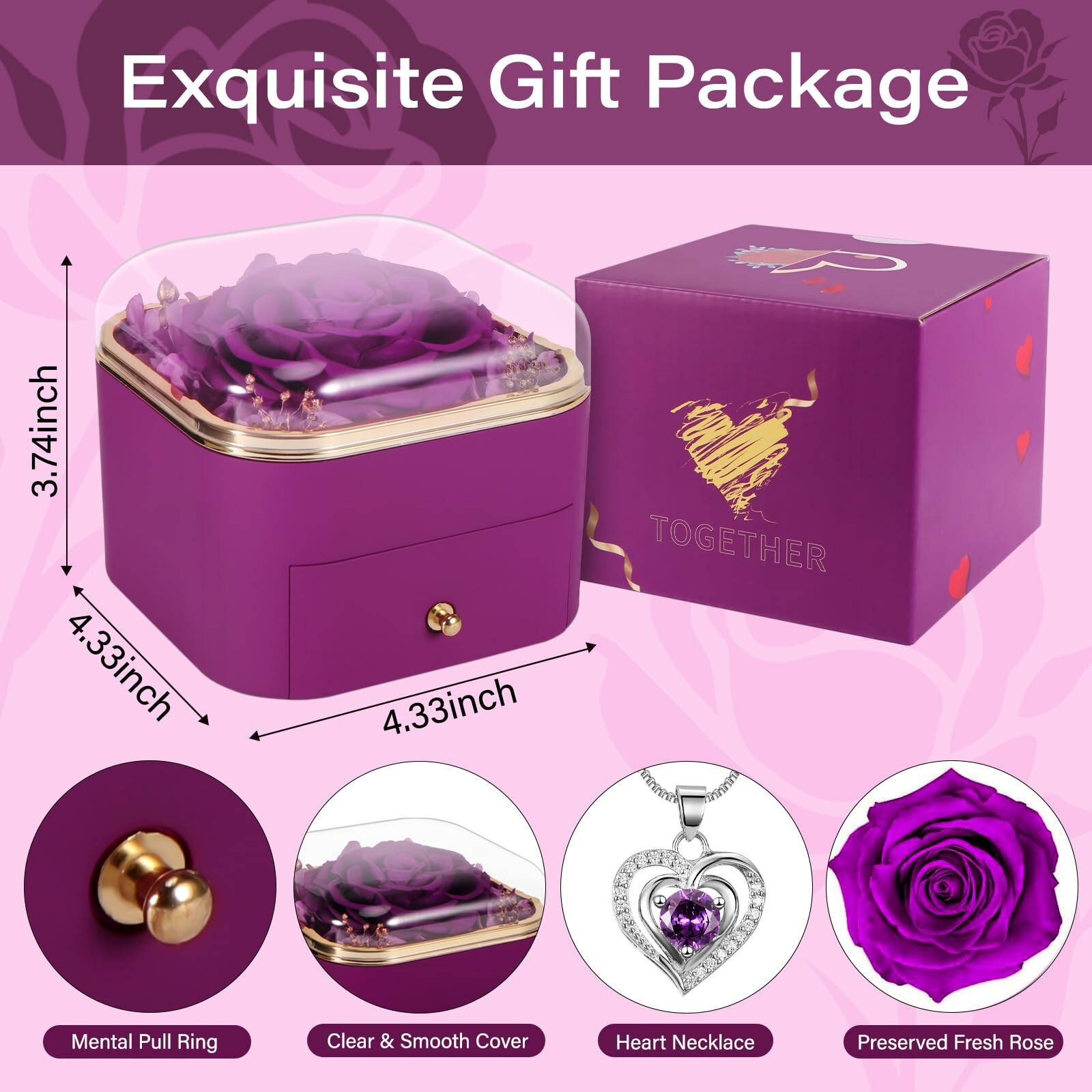 Preserved Real Purple Roses Gift Jewerlry Box, Real Eternal Rose Flower with …
