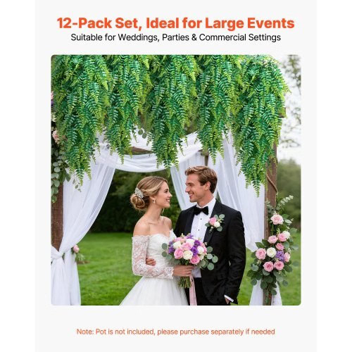 Artificial Ferns, 12 Pcs Fake Hanging Boston Fern Bush Plant with 32 Inch Hangin
