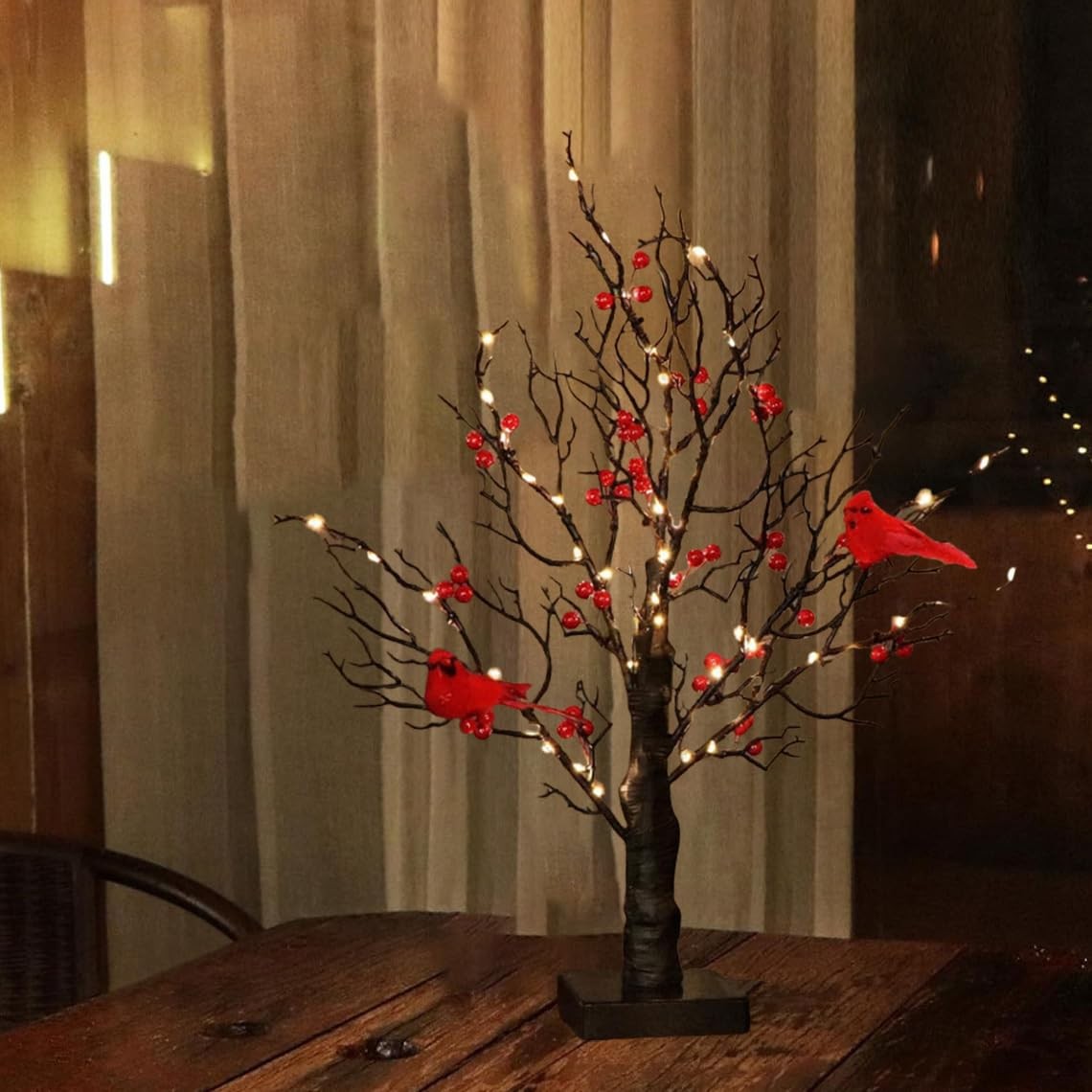 Cardinal Red Berries Tree Table Decoration Light for Tabletop Centerpiece Chr…