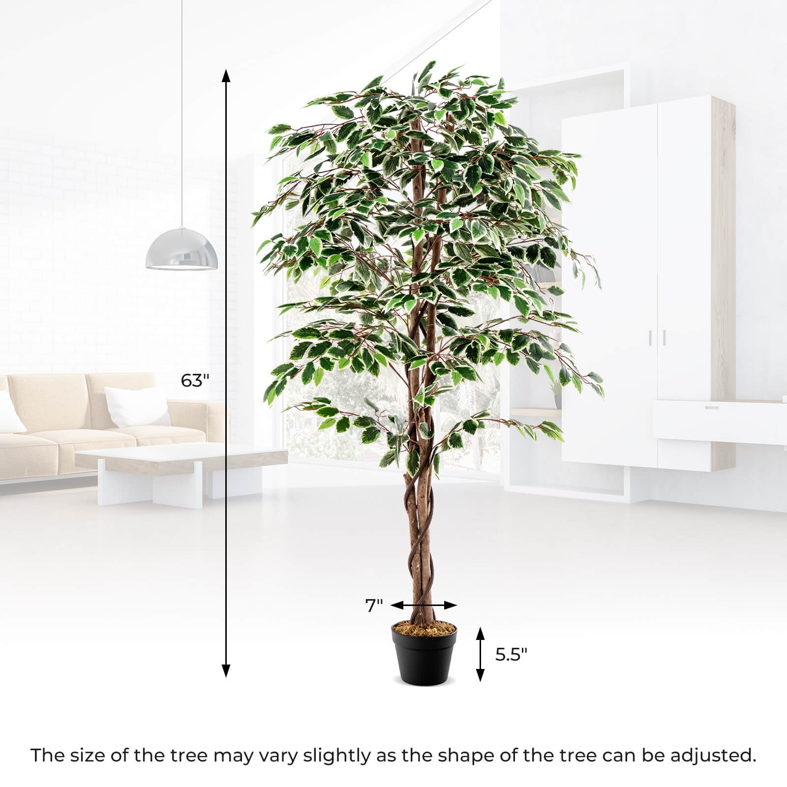 63″ Tall Artificial Ficus Tree Solid Wood Trunks 3 PE Vines PP Nursery Pot