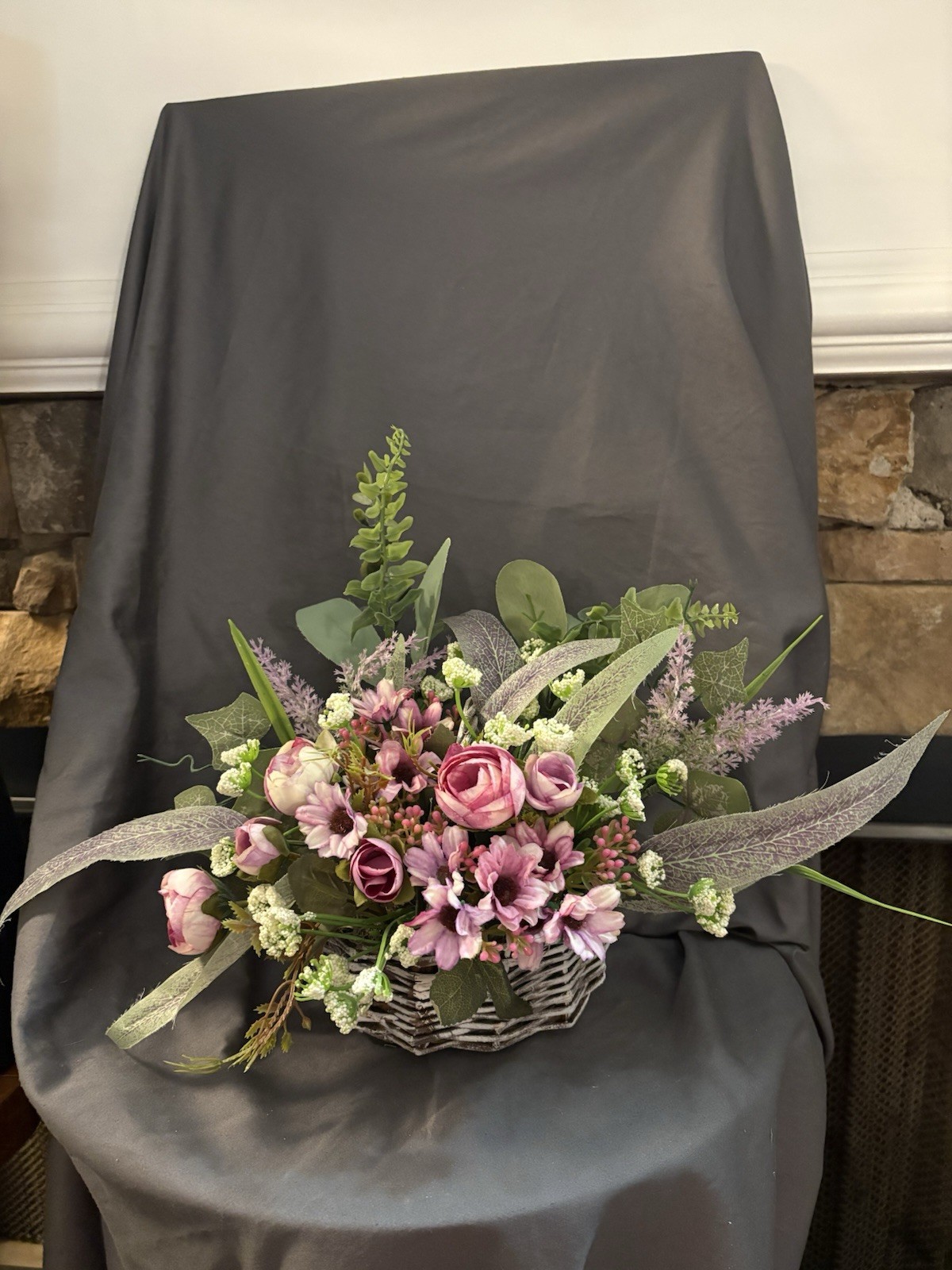 New Handmade Floral Arrangement 15 X 21” Purple Flowers In Heart Basket SKU HW6