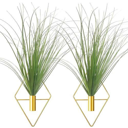 Hanging Planters with Artificial Plants, 2pcs Diamond Shape Metal Hanging Gold