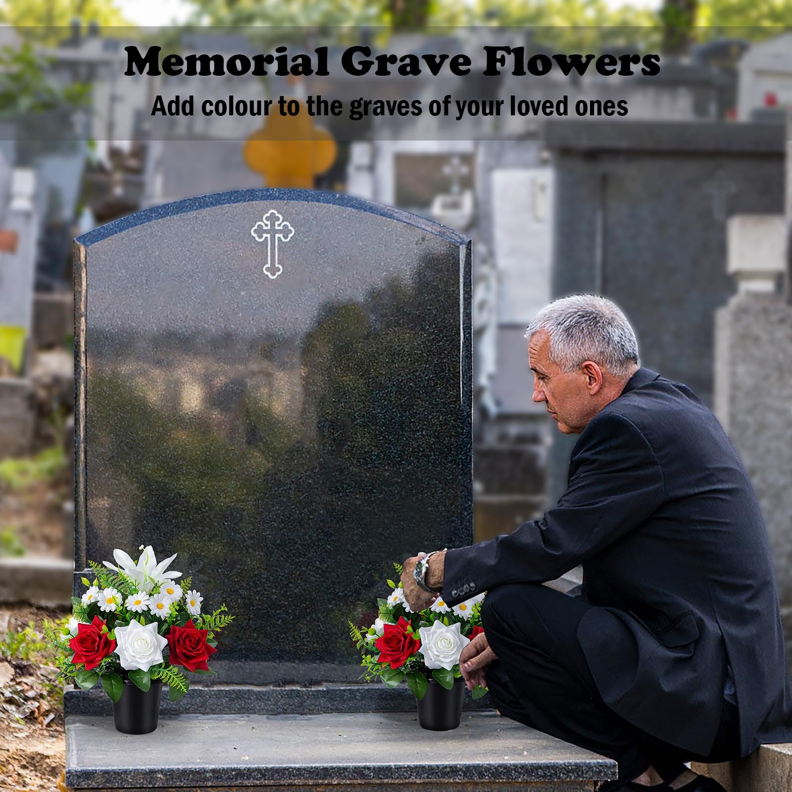 Artificial Grave Flowers in Pots, Artificial Rose Lily Daisy Memorial Flowers…