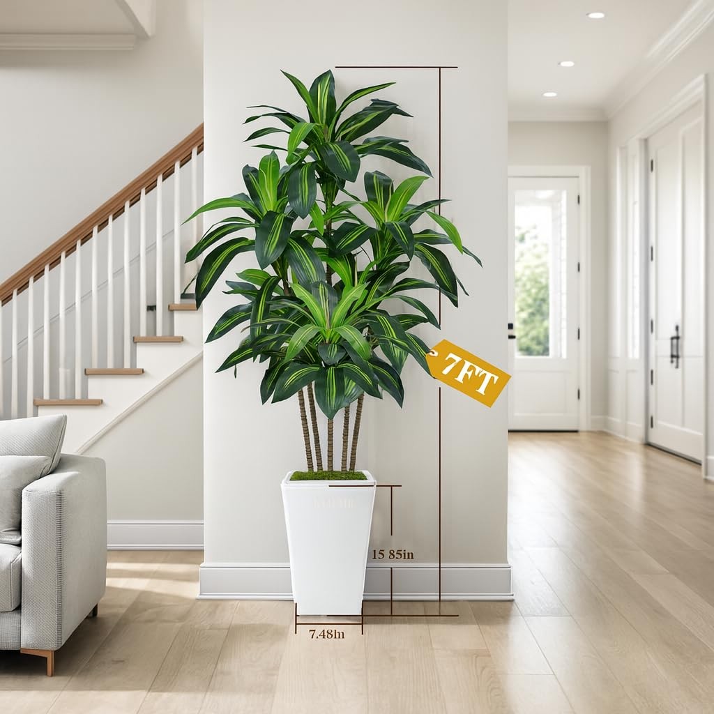 7FT Artificial Dracaena Tree, Fake Tree Indoor with White Tall Planter, Tall …