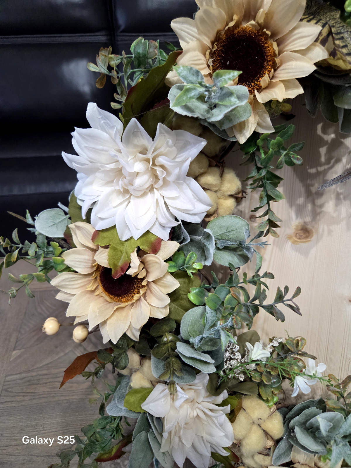 Organic Mixed Silk Flowers Wreath with Tea-Stained Cotton Bolls