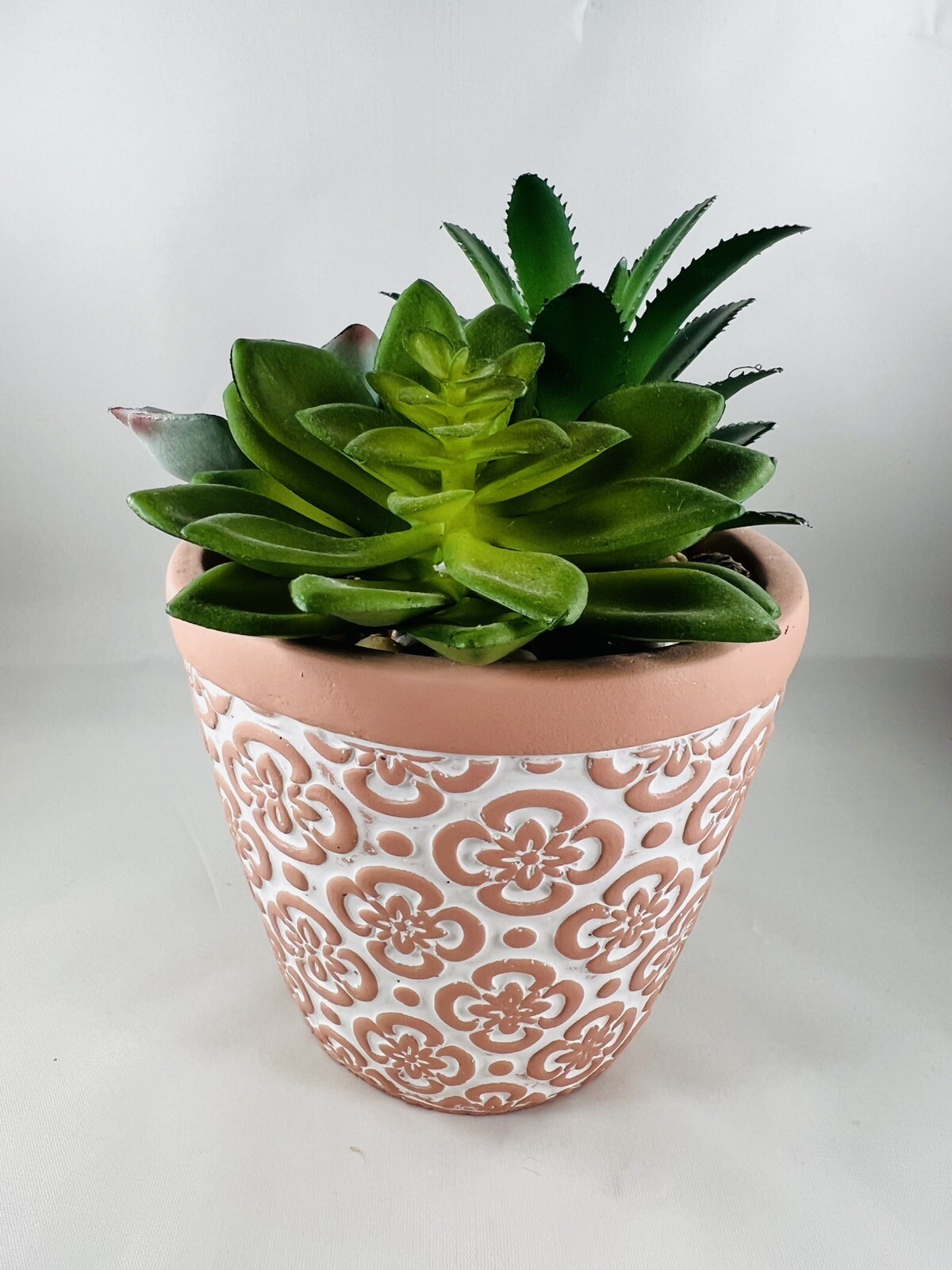 Artificial Succulents in Clay Embossed Pot, 6.5″ tall