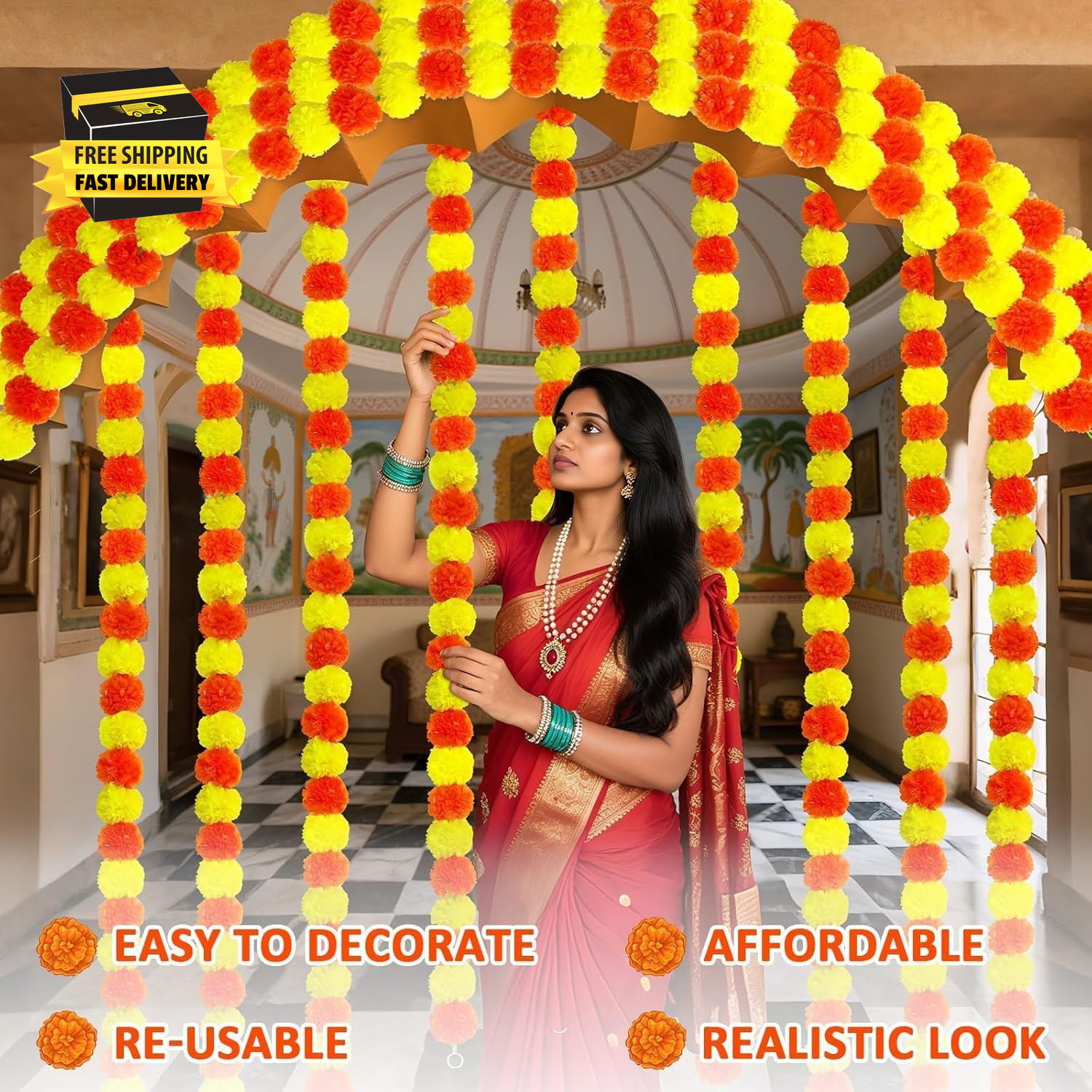 3 Pcs Marigold Garland for Decoration, 5 Feet Artificial Marigold Flowers Garlan