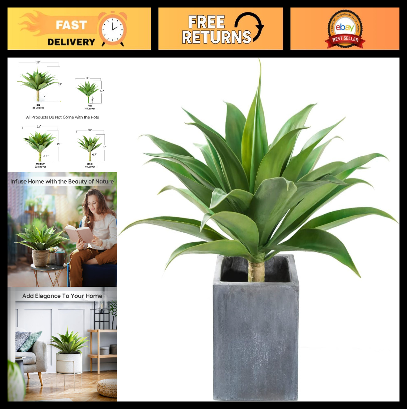 Large UV Resistant Artificial Agave Plant – 28 Inch Indoor/Outdoor Succulent Dec