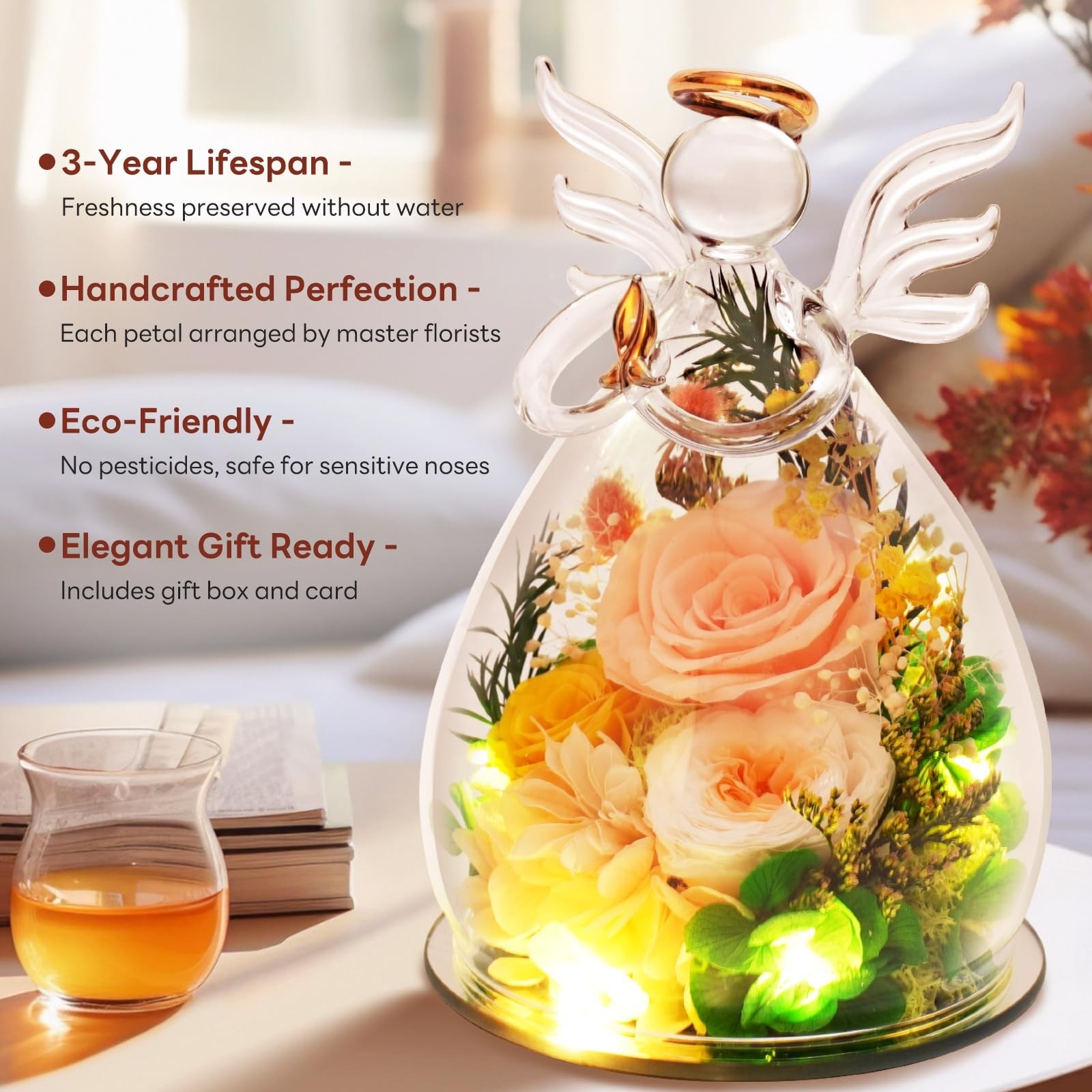 Gifts for Mom Birthday Gifts for Women, Preserved Rose in Glass Angel Figurines,