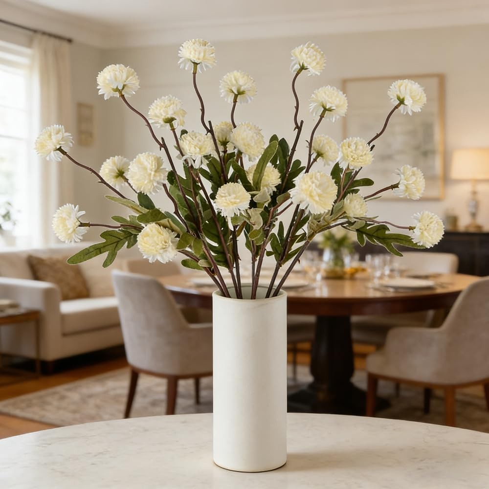Artificial Pompon Mum Stems Silk Home Decor White 20 Inch Set of 4