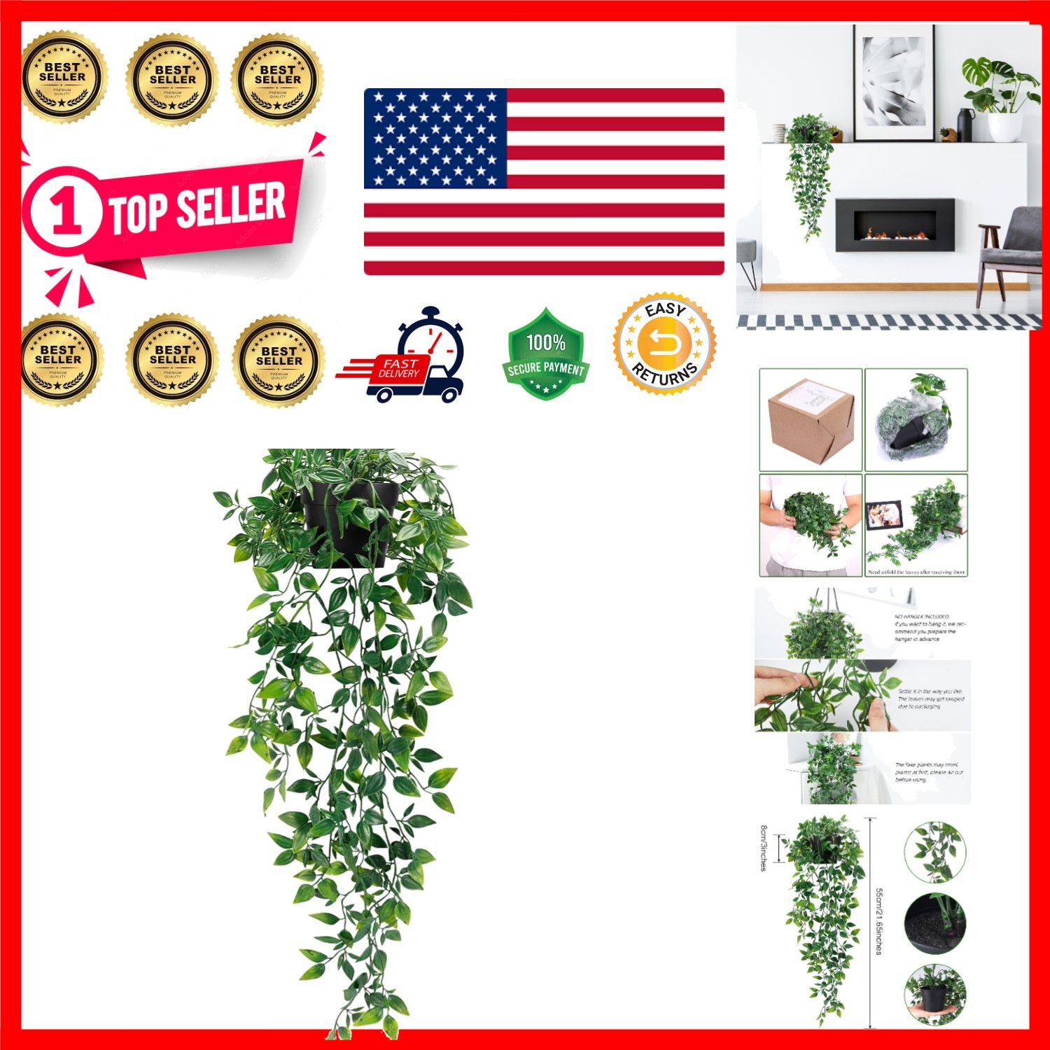 Lush Artificial Hanging Plant in Black Pot for Instant Indoor/Outdoor Aesthetic