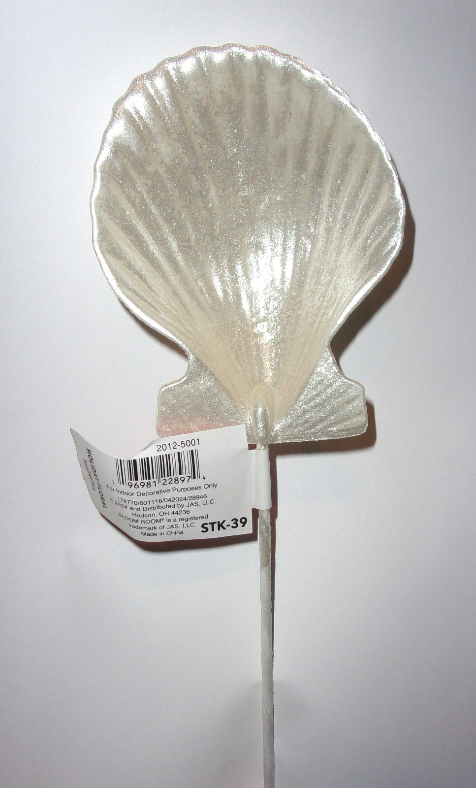 11.75” tall flower pick bouquet stick pearlized off-white scallop shell ornament