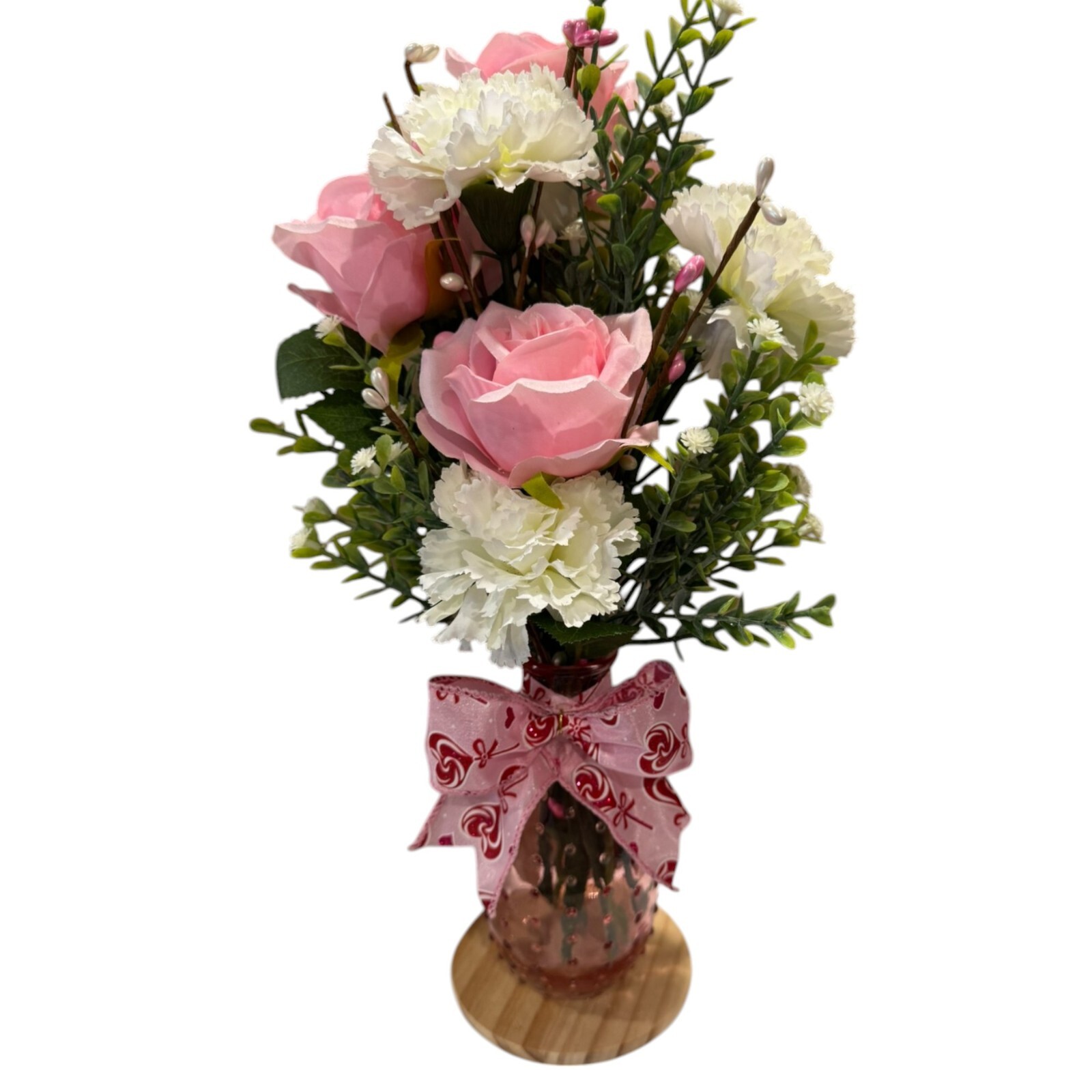 Pink Rose Carnation Hobnail Bud Vase Flower Arrangement Valentine’s Day