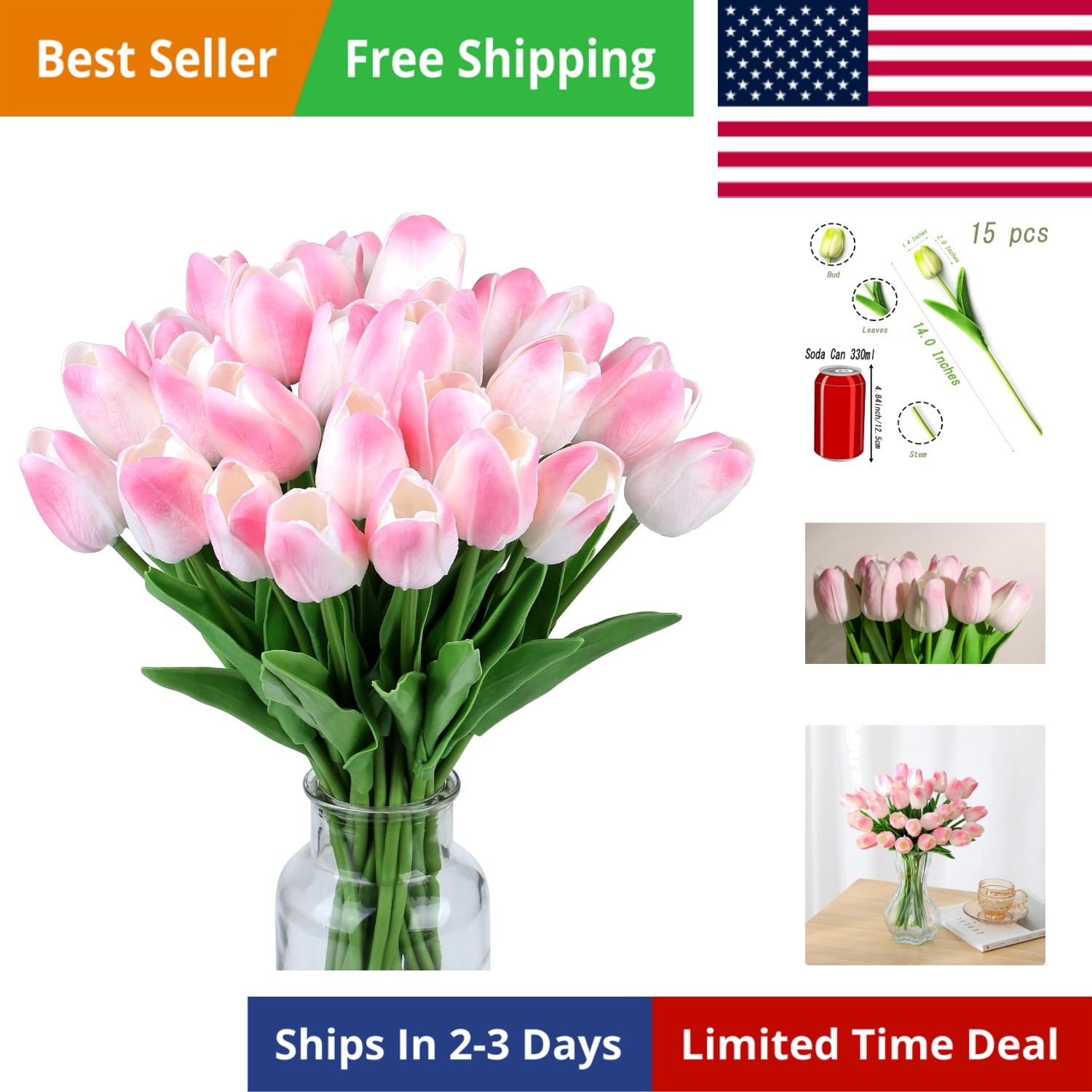15pcs Fake Tulips Artificial Flowers Real Touch Pink 14″ PU Flower for Home K…