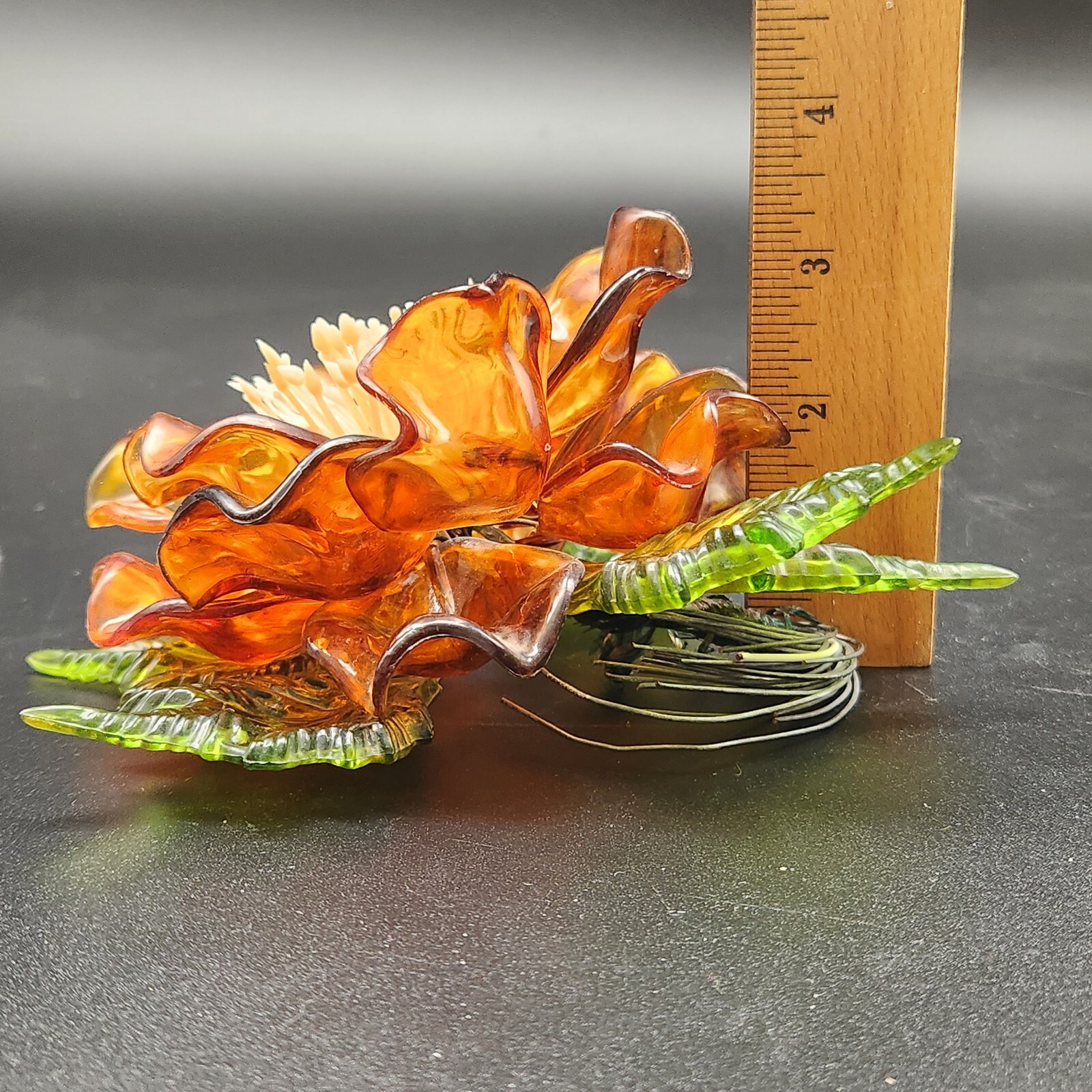 Vtg MCM Lucite Magnolia Flower & Leaves Wired Floral Arrangement Acrylic 7.5 x 7