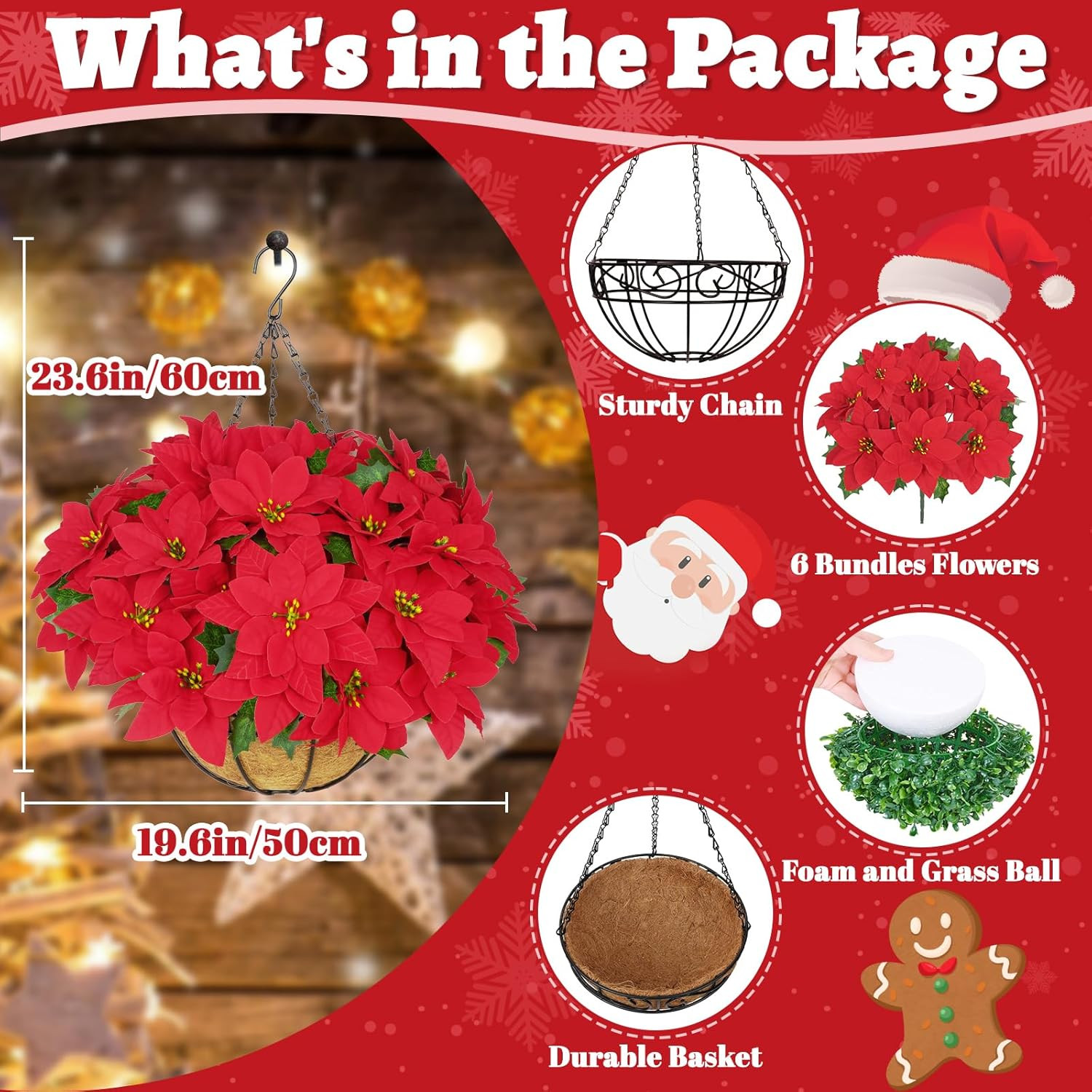 Hanging Red Poinsettias with Basket – UV Resistant Xmas Decor for Outdoors