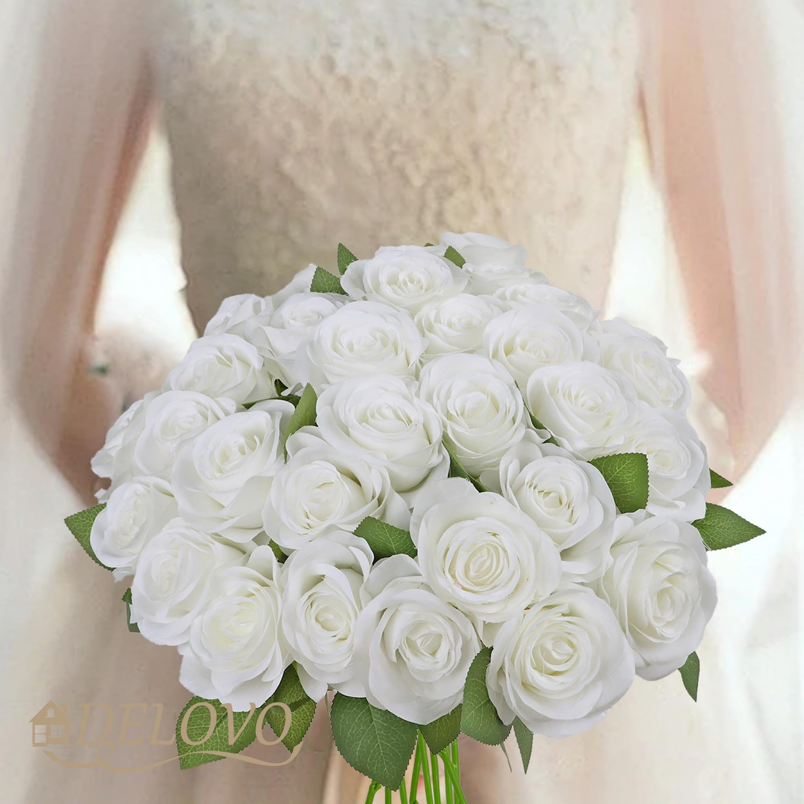 52pcs White Roses Artificial Flowers Ivory Fake Flowers Silk Roses with Stems…