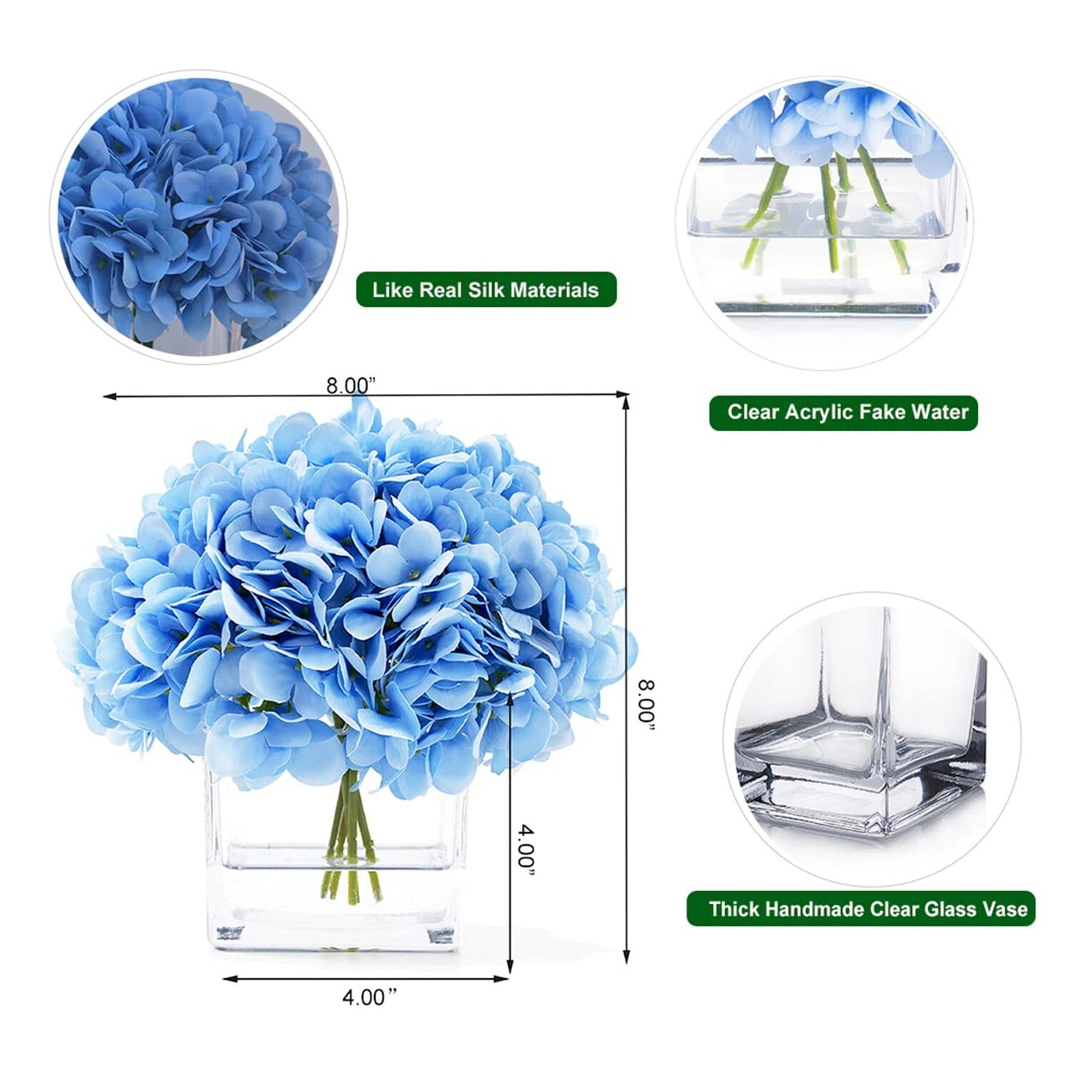 Silk Blue Artificial Hydrangea in Vase with Faux Water, Silk Flower Arrangeme…