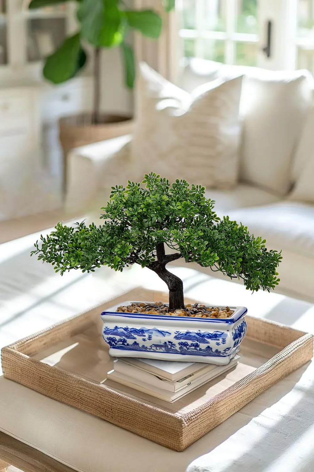 Artificial Pine Bonsai Tree With Blue White Porcelain Pot Zen Home Decor