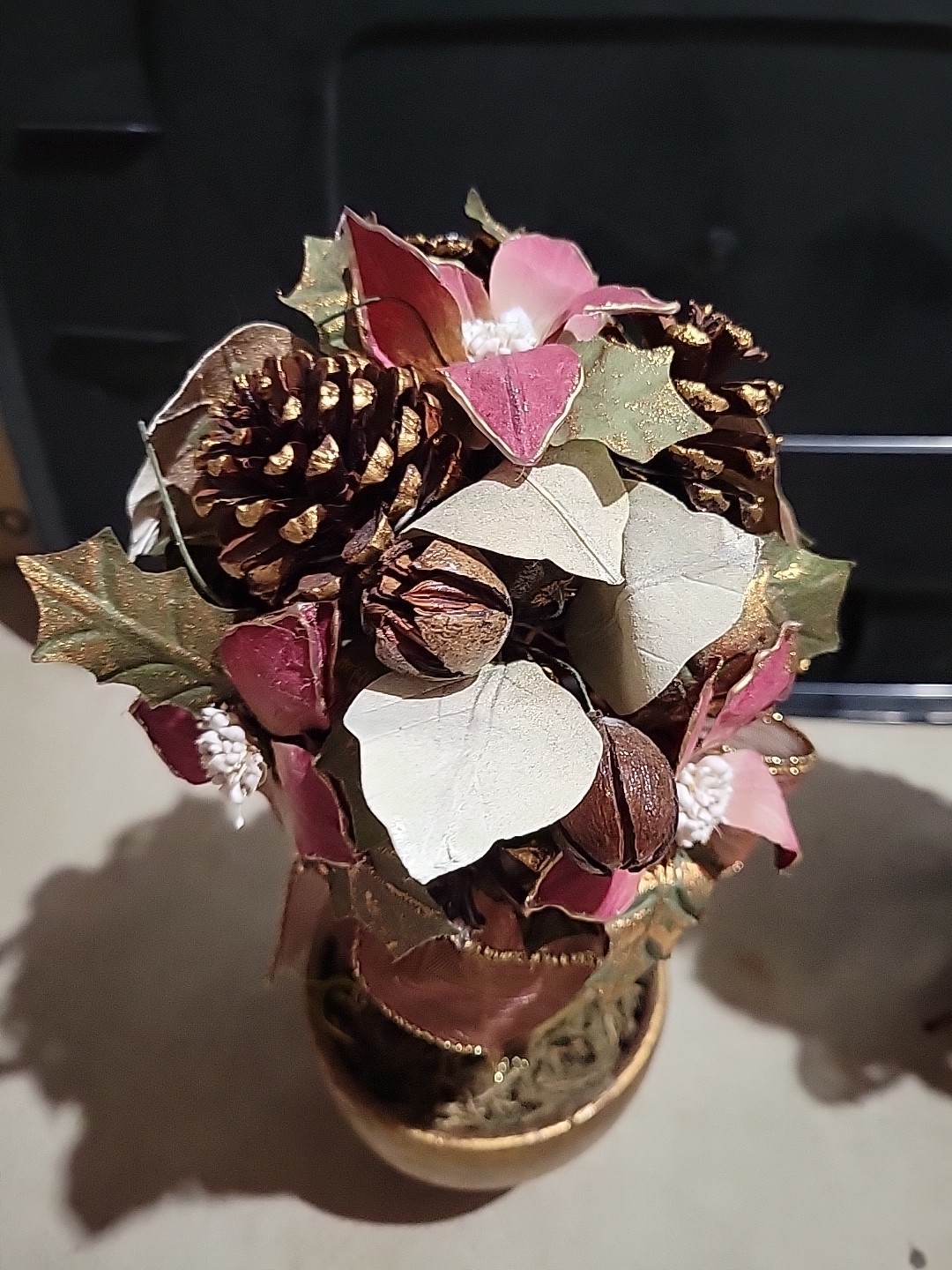 Artificial Topiary Tree Pinecones, Leaves, Berries, Mauve & Gold Color 15”