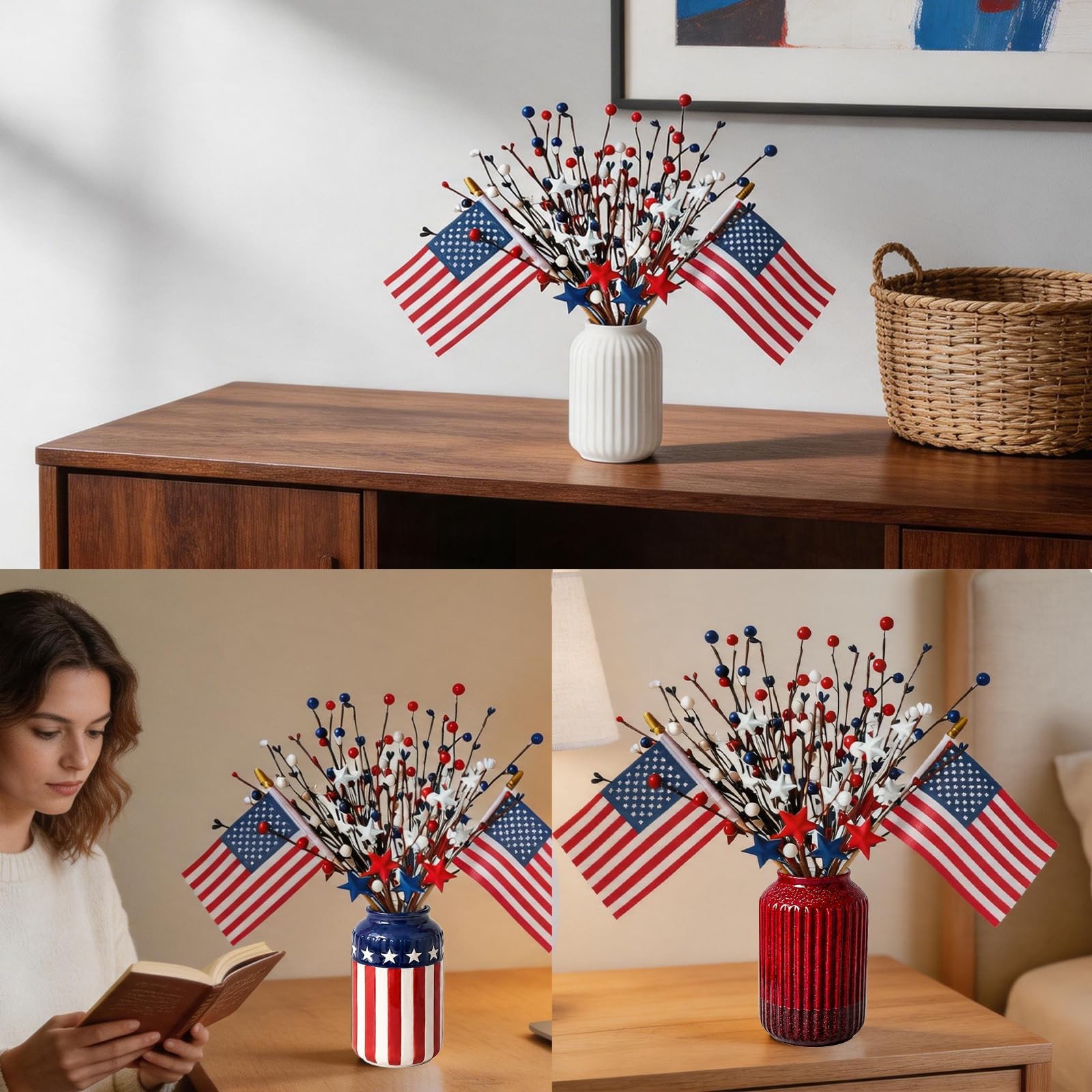 4th of July Patriotic Decorations, 4 Pcs Artificial Stem Picks Red White and …