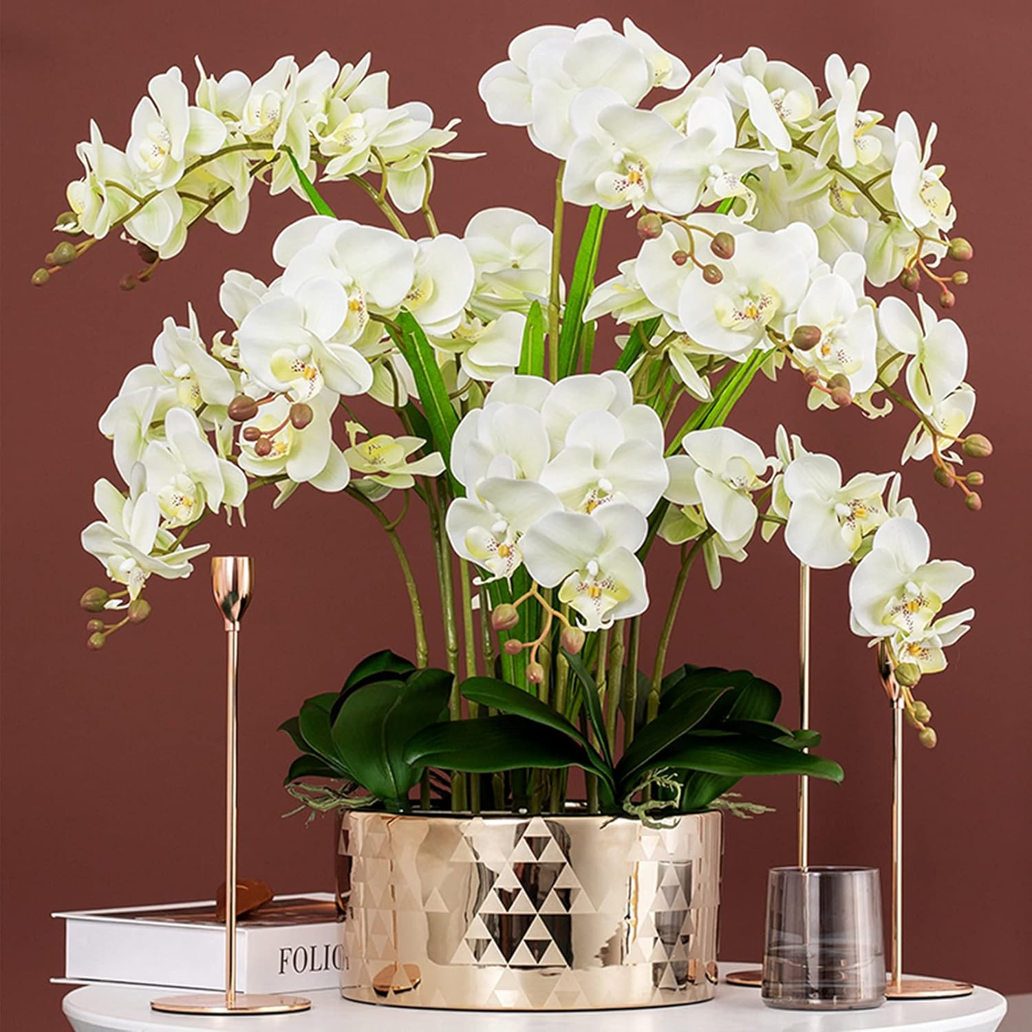 HinyoCo 5 Pcs Artificial Phalaenopsis Flowers and 4 Bundles White