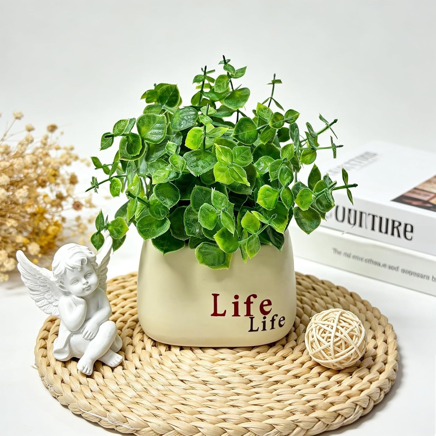 Small Fake Plant in Pot, 7″ Artificial Plant Indoor, Fake Eucalyptus Stems wi…