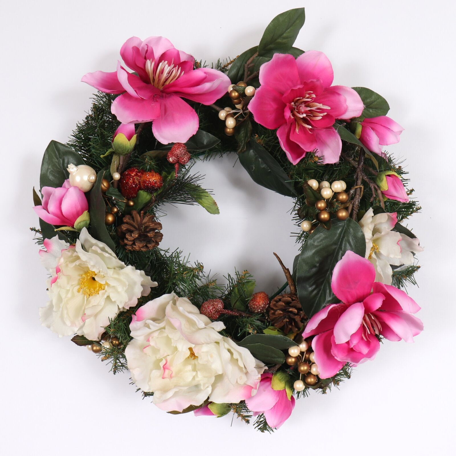 Christmas Holiday Wreath in Pinks and White with Pearls and Gold Balls #2