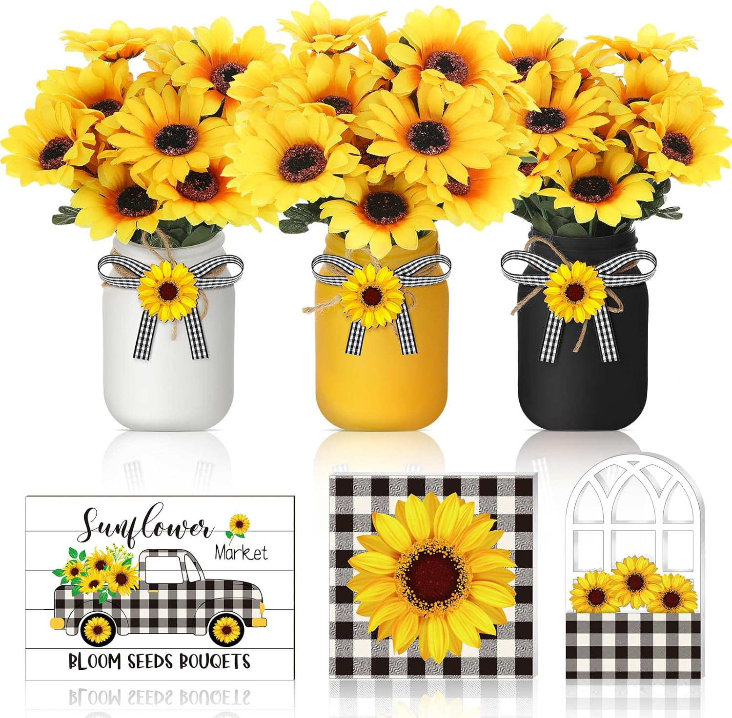 12 Sets Sunflower Mason Jar Centerpiece for Table Summer Sunflower Decor with Ar