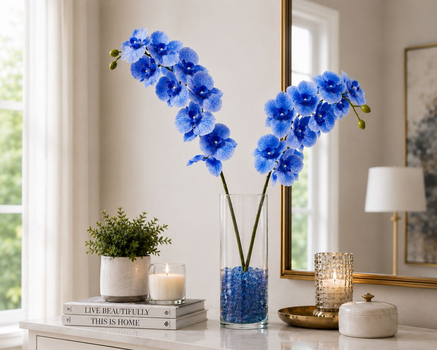 Artificial Silk Blue Orchid Stem 25 Inch Faux Phalaenopsis Flower Wedding Center