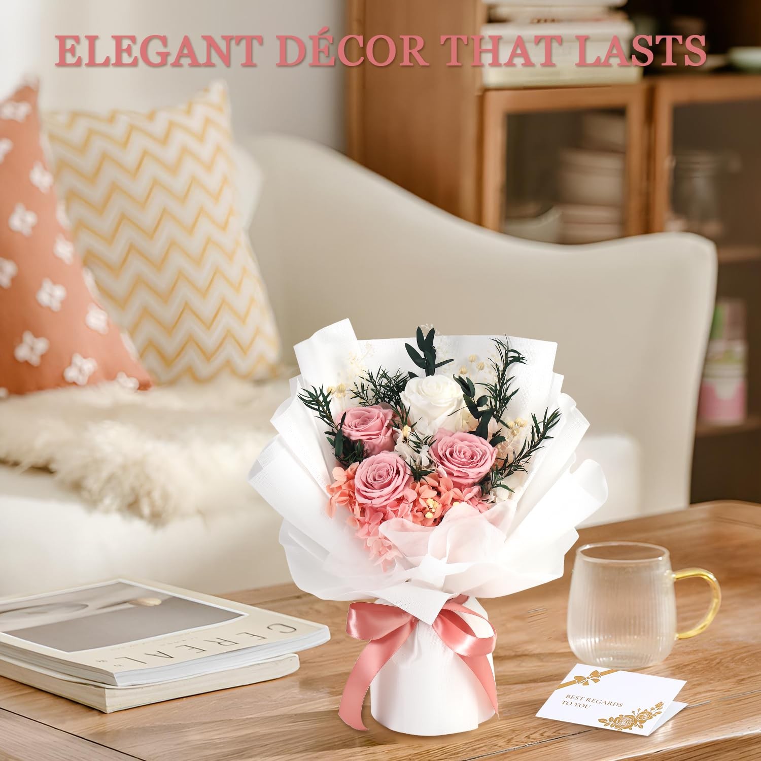 Preserved Flowers Bouquet Pink Rose Gift For Her Mom Grandma Anniversary