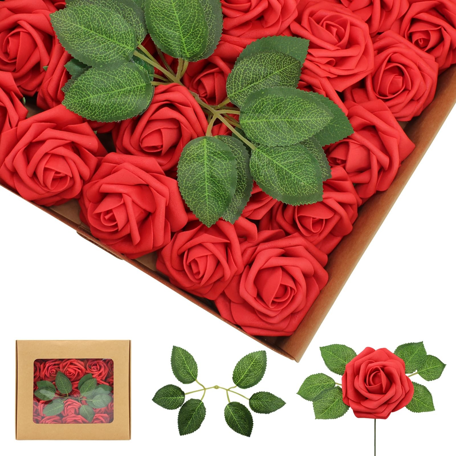 50 PCS Red Real Looking Foam Fake Roses with Leaves for DIY Wedding Bouquets